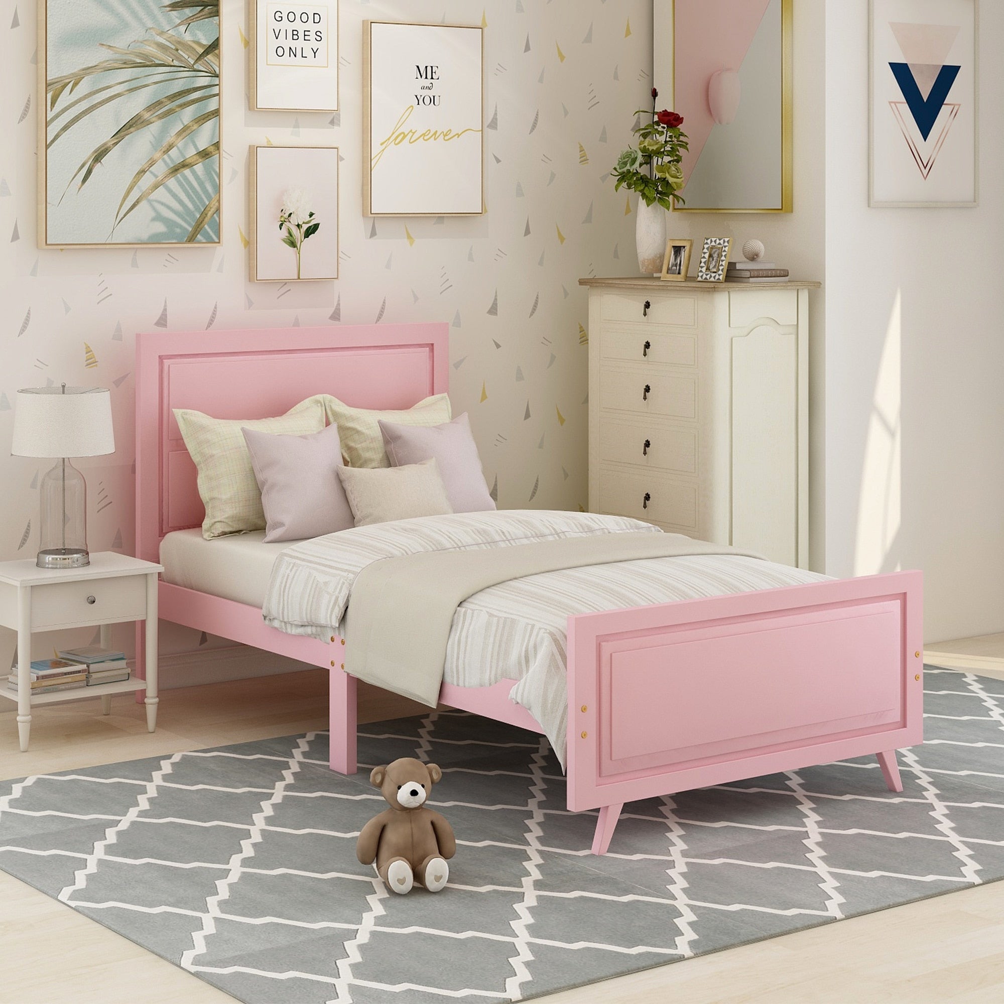 Pink Bed Frame Bedroom Furniture Wood Platform Bed With Headboard Home Furniture Ship From USA Warehouse Modern Bed Frame