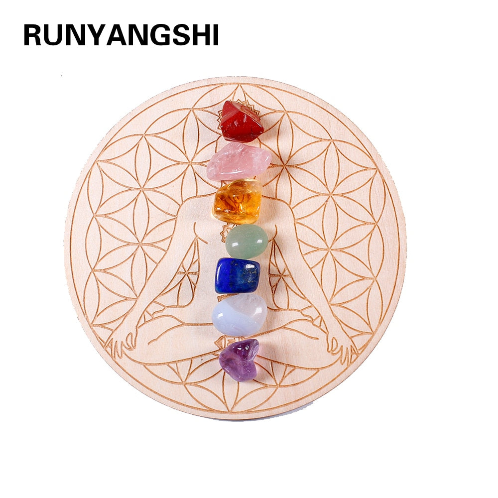 7pcs/set Natural Crystal Mixed  seven Chakra Healing Stone + Seven Star Array Wood Plate Gravel Chips Chakra Home decor Gift