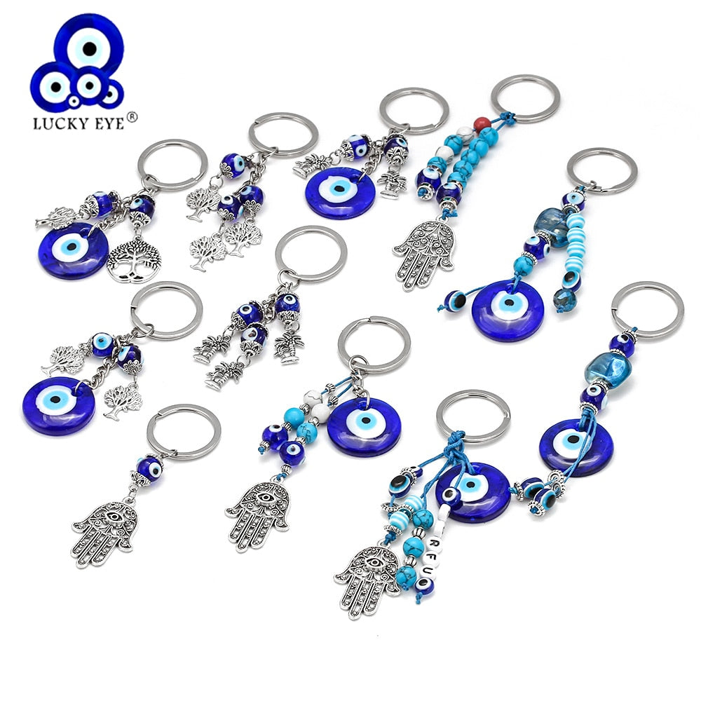 LUCKY EYE Tree Fatima Hamsa Hand Evil Eye Pendant Keychain Silver Color Ring Key Chain Car Keyring for Women Men Jewelry BE29