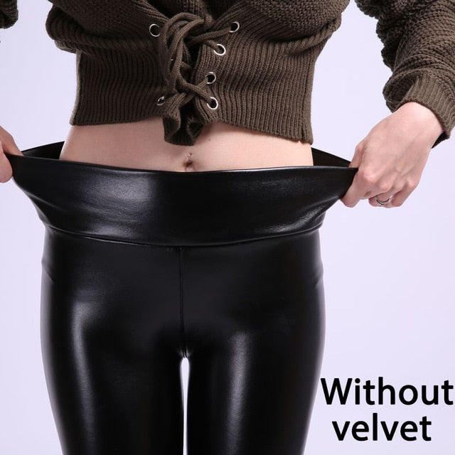 SVOKOR Women Plus Size Winter Leather Pants  High Waist Warm Velvet Pant Trousers Women Thick Stretch Pantalon Femme S-5XL