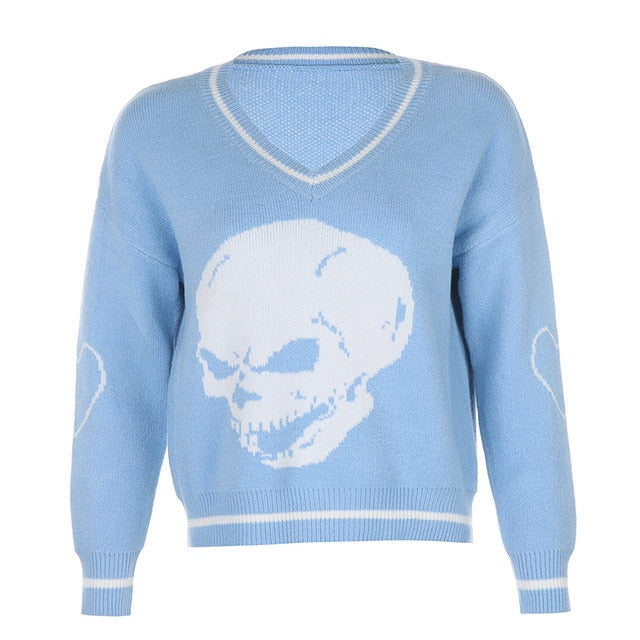 Rapcopter Y2K Sweaters Skulls Pullovers V Neck Knitwear Loose Casual Knitted Tops Women Streetwear Retro Tops Blue 2020 Autumn