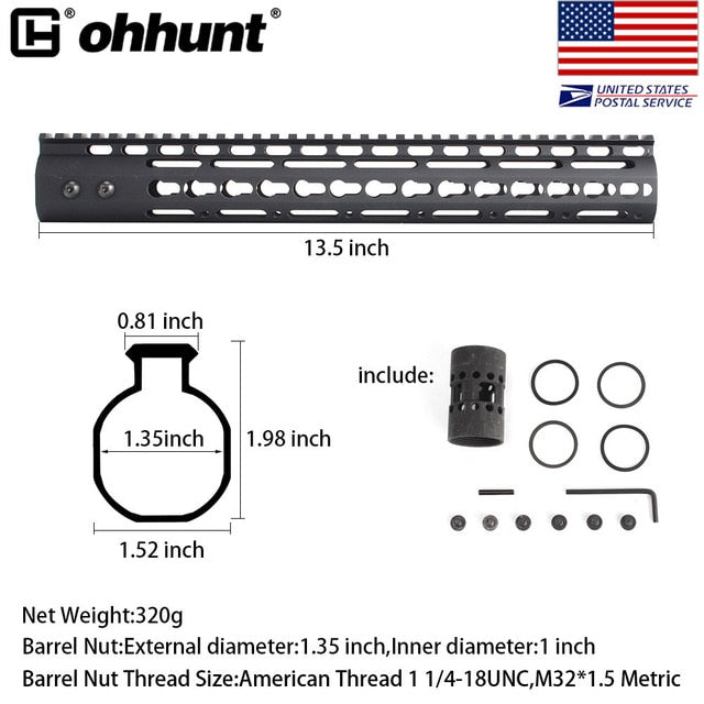 SHIP FROM USA Ohhunt Slim Style 7" 9" 10" 12" 13.5" 15" AR15 Free Float Keymod Handguard Picatinny Rail with Steel Barrel Nut