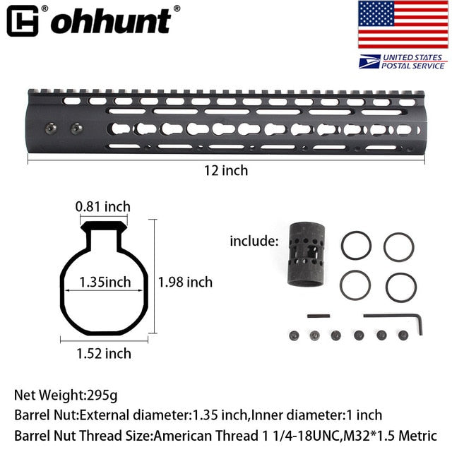 SHIP FROM USA Ohhunt Slim Style 7" 9" 10" 12" 13.5" 15" AR15 Free Float Keymod Handguard Picatinny Rail with Steel Barrel Nut