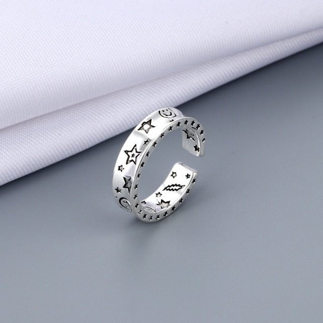 Vintage Ancient Silver Color Happy Smiling Face Open Rings for Women Punk Hip Hop Adjustable Ring Fashion Jewelry Best Gift