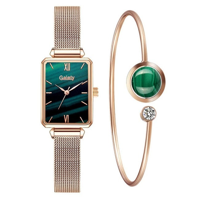 Gaiety Brand Women Watches Fashion Square Ladies Quartz Watch Bracelet Set Green Dial Simple Rose Gold Mesh Luxury Women Watches