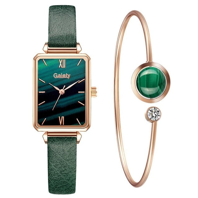 Gaiety Brand Women Watches Fashion Square Ladies Quartz Watch Bracelet Set Green Dial Simple Rose Gold Mesh Luxury Women Watches