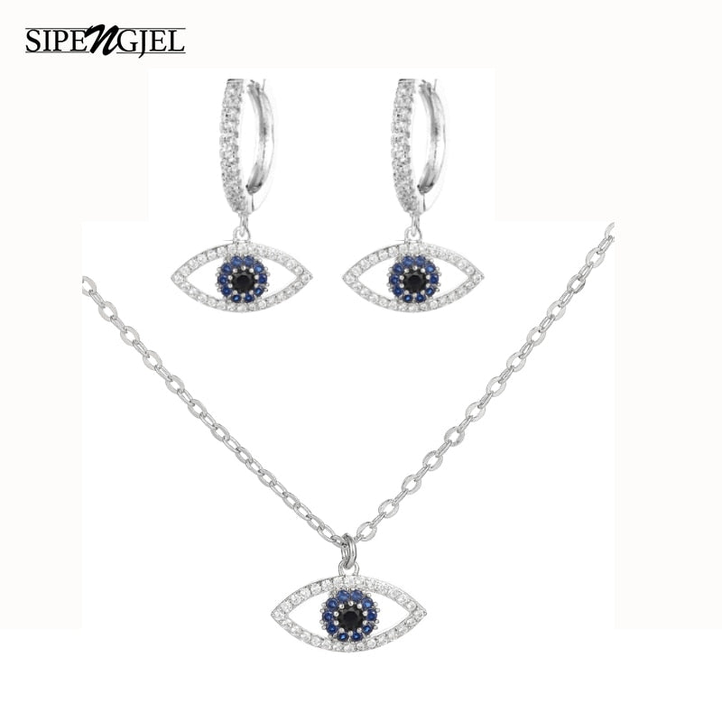 Fashion Cubic Zircon Tiger Eye Pendant Earrings And Necklace Set Blue Cz Eye Choker Necklace For Women Lucky Jewelry 2020