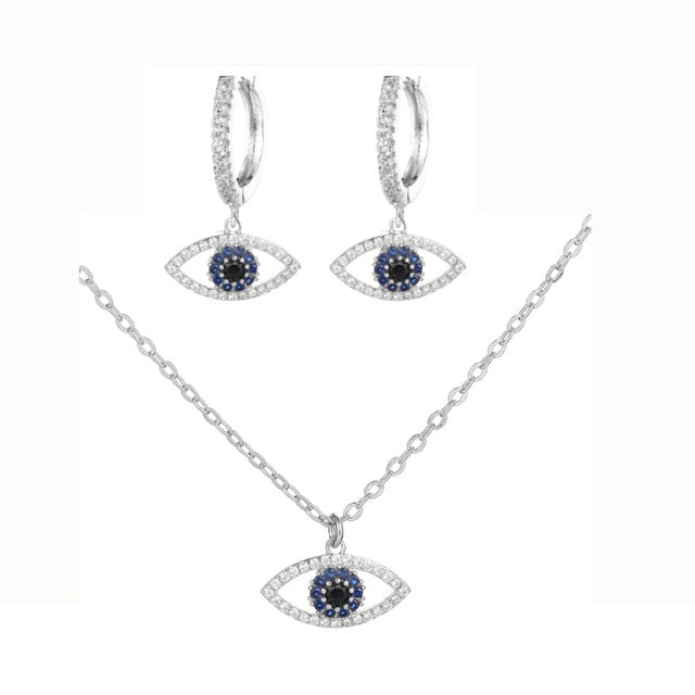 Fashion Cubic Zircon Tiger Eye Pendant Earrings And Necklace Set Blue Cz Eye Choker Necklace For Women Lucky Jewelry 2020