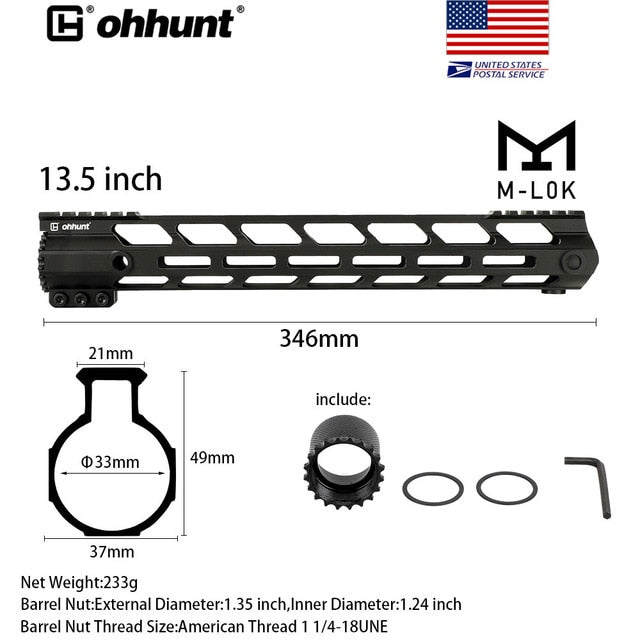 SHIP FROM USA ohhunt 4" 7" 9" 10" 12" 13.5" 15"  AR15 Free Float M-LOK Handguard Picatinny Rail Slim Style Steel Barrel Nut