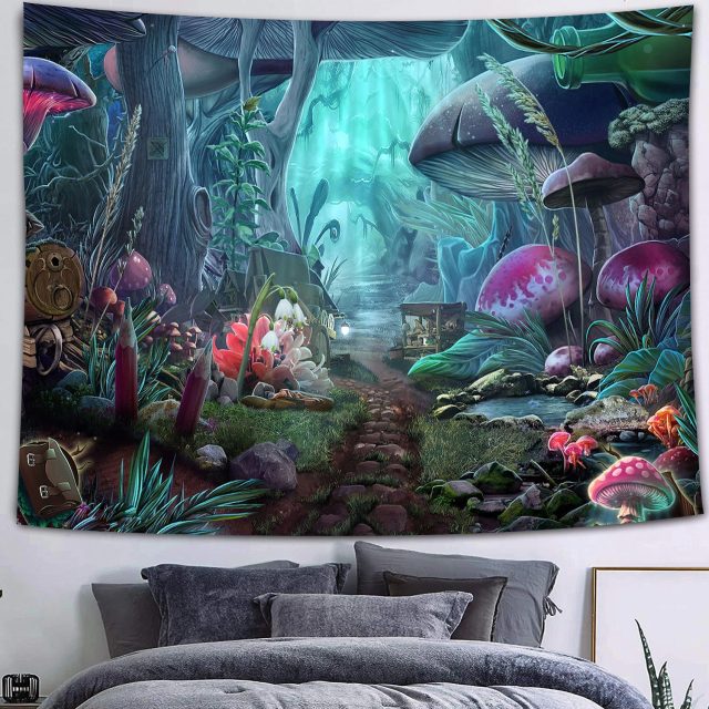 Simsant Mushroom Forest Castle Tapestry Fairytale Trippy Colorful Butterfly Wall Hanging Tapestry for Home Dorm Fantasy Decor