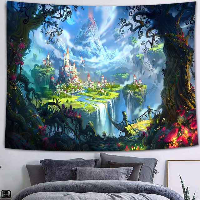 Simsant Mushroom Forest Castle Tapestry Fairytale Trippy Colorful Butterfly Wall Hanging Tapestry for Home Dorm Fantasy Decor