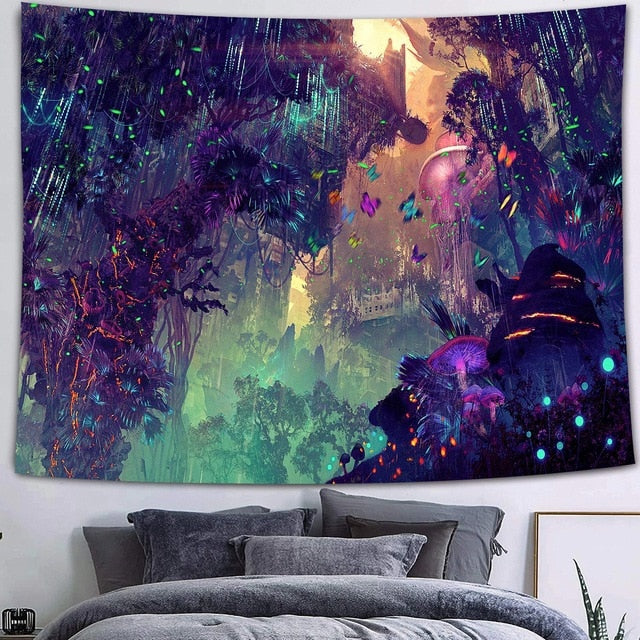 Simsant Mushroom Forest Castle Tapestry Fairytale Trippy Colorful Butterfly Wall Hanging Tapestry for Home Dorm Fantasy Decor