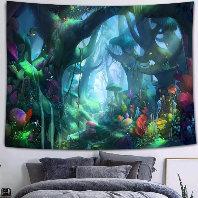 Simsant Mushroom Forest Castle Tapestry Fairytale Trippy Colorful Butterfly Wall Hanging Tapestry for Home Dorm Fantasy Decor