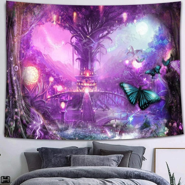 Simsant Mushroom Forest Castle Tapestry Fairytale Trippy Colorful Butterfly Wall Hanging Tapestry for Home Dorm Fantasy Decor