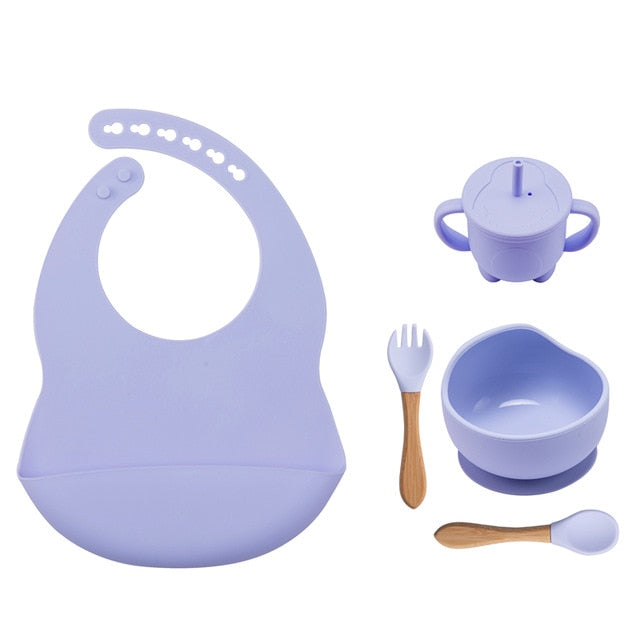 5Pcs/1Set Silicone Baby Feeding Bowl Tableware Waterproof Spoon Non-Slip Crockery BPA Free Silicone Dishes for Baby Tableware