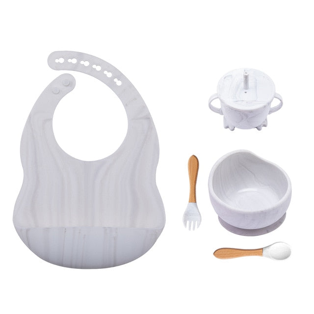 5Pcs/1Set Silicone Baby Feeding Bowl Tableware Waterproof Spoon Non-Slip Crockery BPA Free Silicone Dishes for Baby Tableware