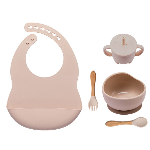 5Pcs/1Set Silicone Baby Feeding Bowl Tableware Waterproof Spoon Non-Slip Crockery BPA Free Silicone Dishes for Baby Tableware