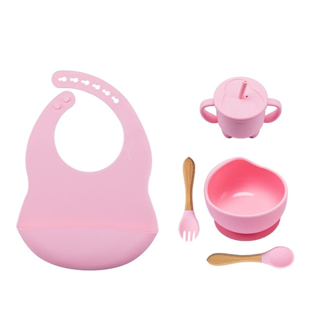 5Pcs/1Set Silicone Baby Feeding Bowl Tableware Waterproof Spoon Non-Slip Crockery BPA Free Silicone Dishes for Baby Tableware