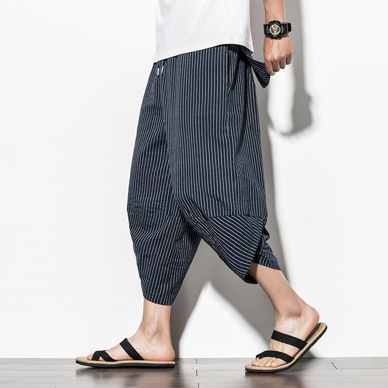 Baggy Cotton Harem Pants Men 2021 Summer Japanese Vintage Striped Men Women Hip Hop Plus Size Wide Leg Pants Pantalon