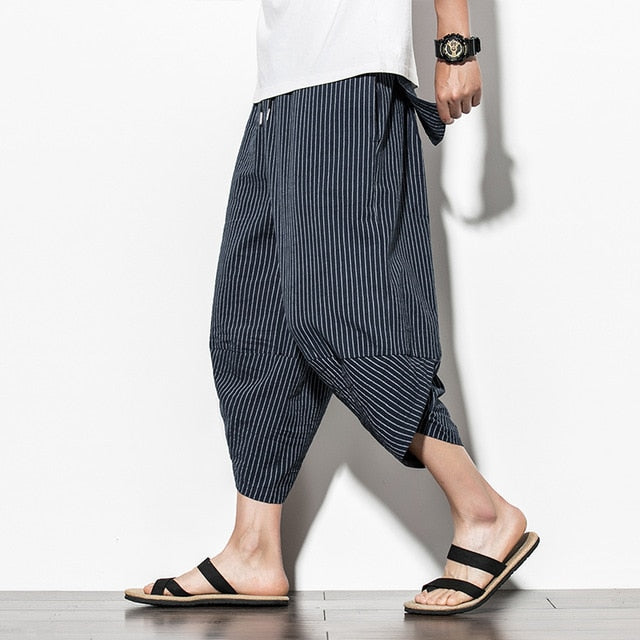 Baggy Cotton Harem Pants Men 2021 Summer Japanese Vintage Striped Men Women Hip Hop Plus Size Wide Leg Pants Pantalon