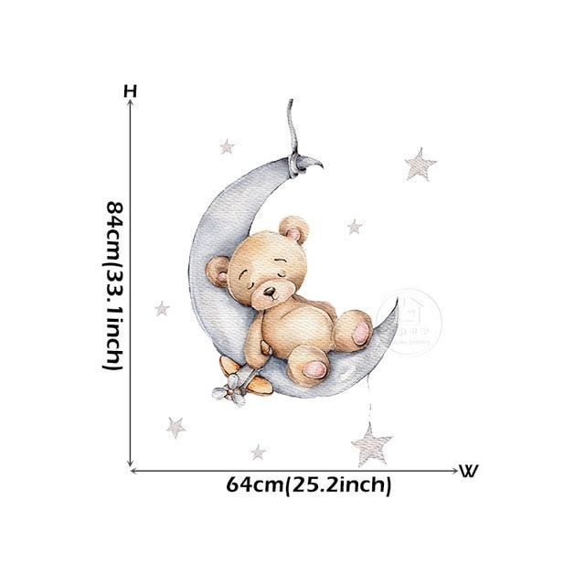 Cartoon Teddy Bear Sleeping on the Moon and Stars Wall Stickers for Kids Room Baby Room Decoration Wall Decals Room Interior
