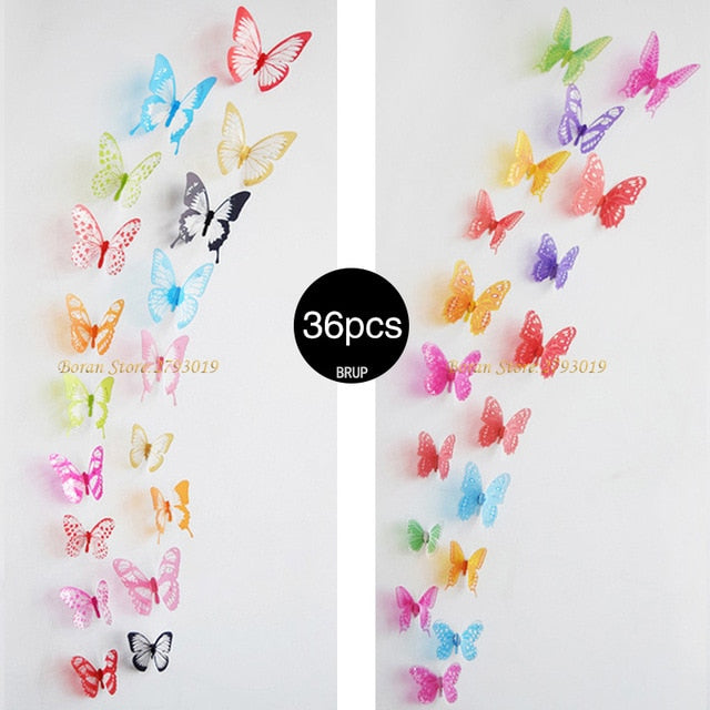 36pcs 3D Crystal Butterfly Wall Stickers Creative Butterflies with Diamond Home Decor Kids Room Decoration Art Wall Decals