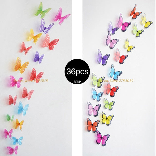 36pcs 3D Crystal Butterfly Wall Stickers Creative Butterflies with Diamond Home Decor Kids Room Decoration Art Wall Decals