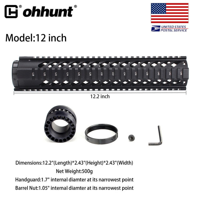 SHIP FROM USA Ohhunt Tactical 7" 10" 12" 15" Free Float Quad Picatinny Rail Handguard On .223 5.56 AR15 M16 Rifles