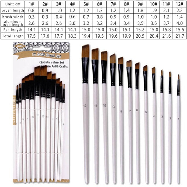 12Pcs/Set Oil Painting Brushes Patchwork Color Multi-function Portable Drawing Art Supplies Wooden Handle Artist Paint Brush