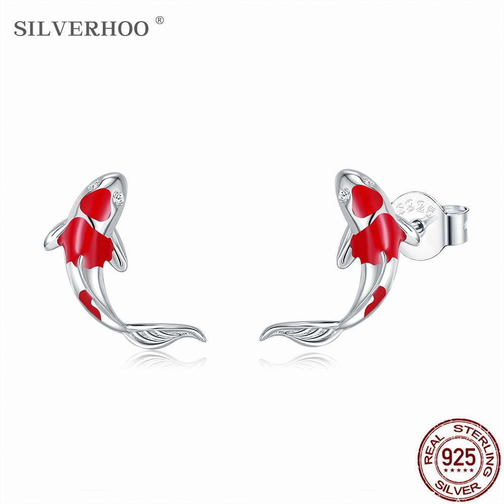 SILVERHOO Fish Red Enamel Stud Earrings For Women Real 925 Sterling Silver Lucky Koi Ear Studs Trendy Silver Jewelry Earring