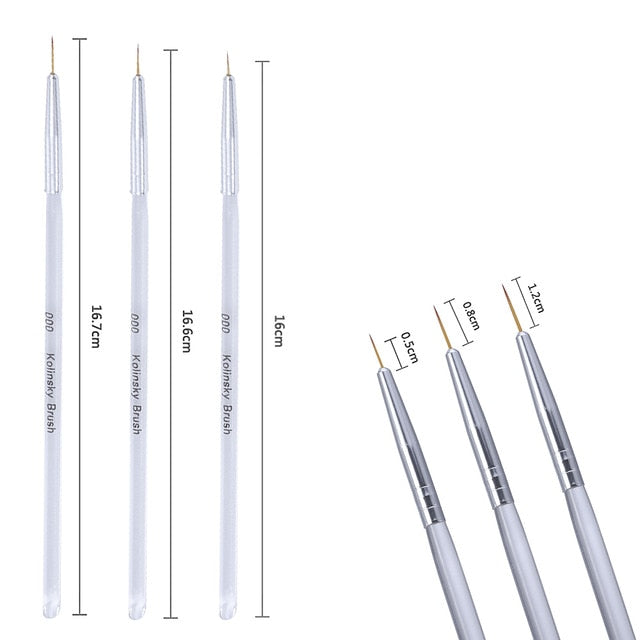 3Pcs Acrylic French Stripe Nail Art Liner Brush Set 3D Tips Manicure Ultra-thin Line Drawing Pen UV Gel Brushes Painting Tools