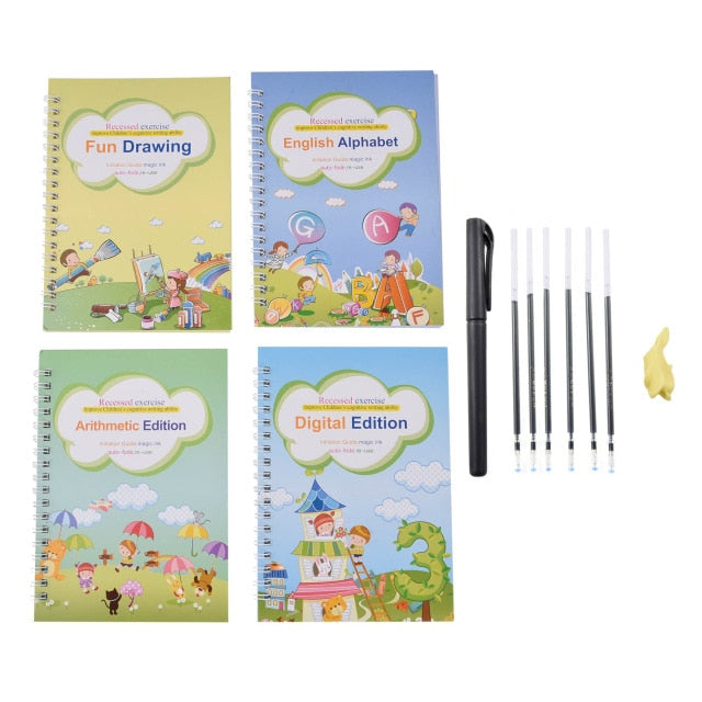 4 Books + Pen Magic Practice Copybook Free Wiping Children's Copybook Magic Magic Writing Sticker English Version