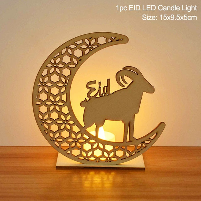 EID Mubarak Wooden Pendant with LED Candles Light Ramadan Decorations For Home Islamic Muslim Party Eid Decor Kareem Ramadan