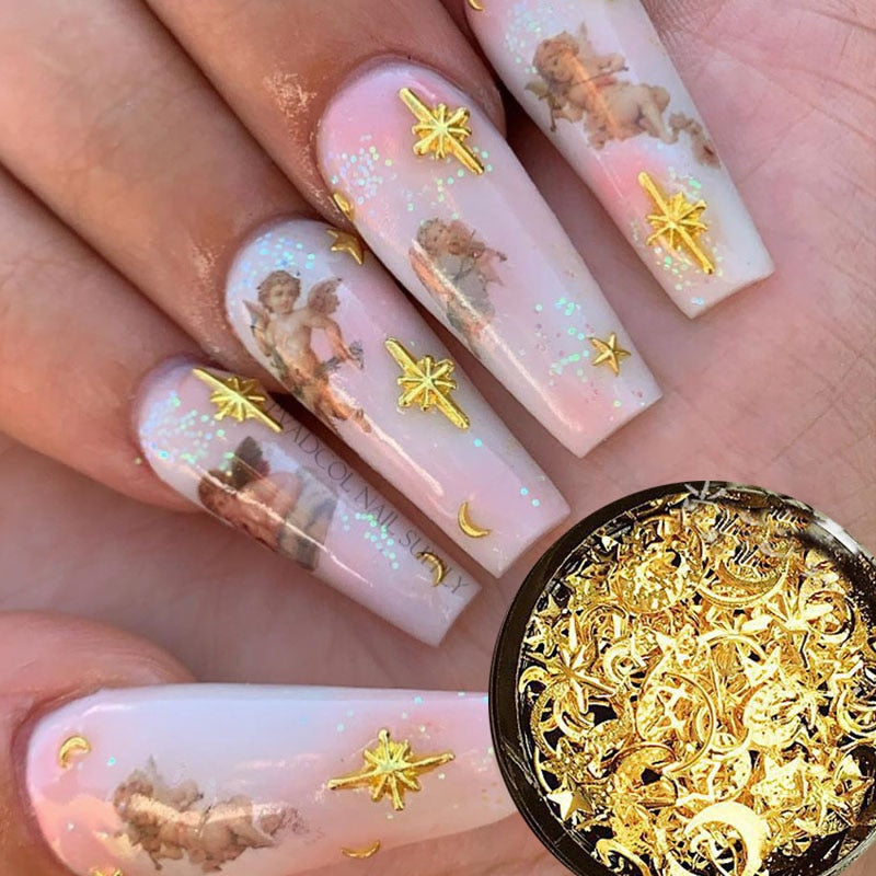 Moon Star Nails Gold Metallic Nail Sequins Charms 3D Nail Art Tips Decoration Press On Manicure Supply
