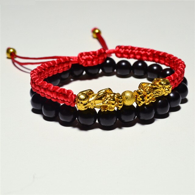 Feng Shui Ebony Wood Beads Bracelet Men Women Woven Thread Rope Lucky Buddha Bangle Gold Black Pixiu Amulet Wealth Red Bracelets