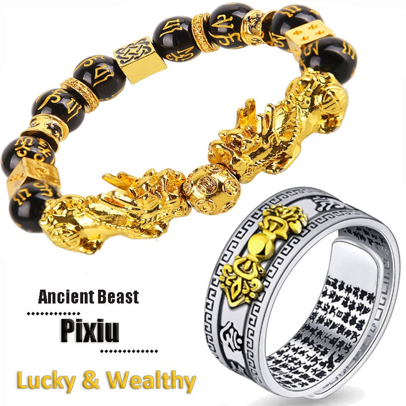 Pixiu Charms Ring Bracelet Set Chinese Feng Shui Amulet Bring Wealth and Lucky Open Adjustable Ring Buddha Bead Bracelets