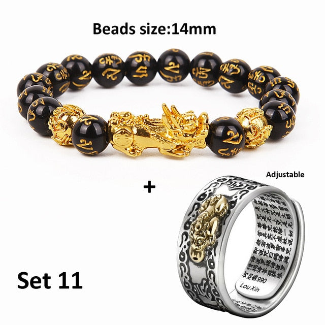 Pixiu Charms Ring Bracelet Set Chinese Feng Shui Amulet Bring Wealth and Lucky Open Adjustable Ring Buddha Bead Bracelets