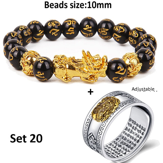 Pixiu Charms Ring Bracelet Set Chinese Feng Shui Amulet Bring Wealth and Lucky Open Adjustable Ring Buddha Bead Bracelets