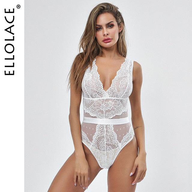 Ellolace Summer Lace Bodysuit Women Floral Embroidery Deep V Neck Sexy Bodysuit Dot Patchwork Jumpsuit Overalls 2019 Femlae Body