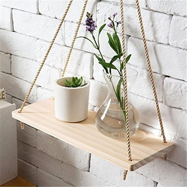 Premium Wood Swing Hanging Rope Wall Mounted Floating Shelves Plant Flower Pot Indoor Outdoor Decoration Simple Design #35#30