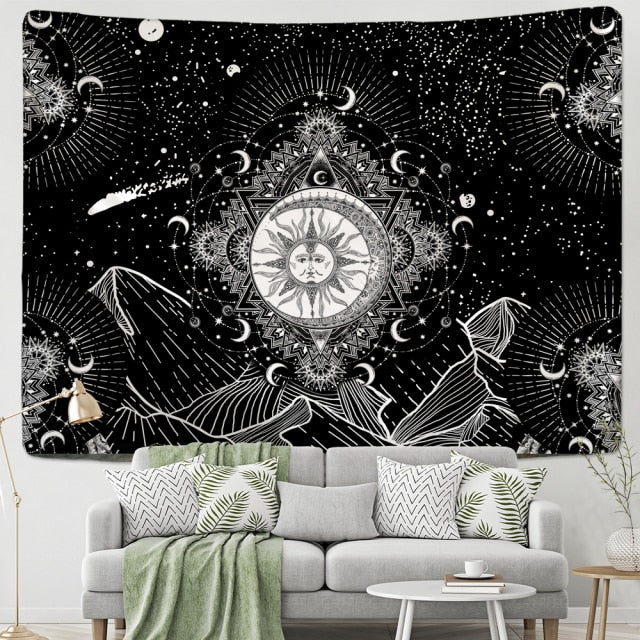 Large Tapestry White Black Sun Moon Mandala Tarot Tapestries Wall Hanging Celestial Hippie Wall Carpet Rugs Dorm Decor