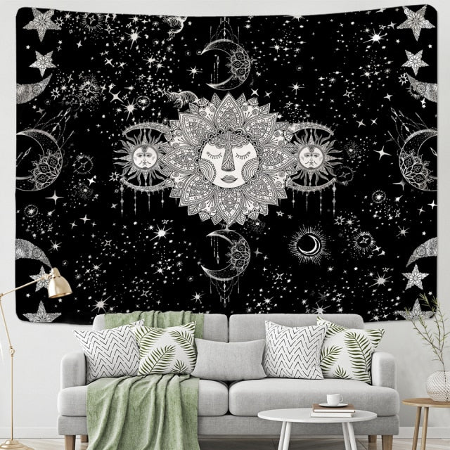 Large Tapestry White Black Sun Moon Mandala Tarot Tapestries Wall Hanging Celestial Hippie Wall Carpet Rugs Dorm Decor