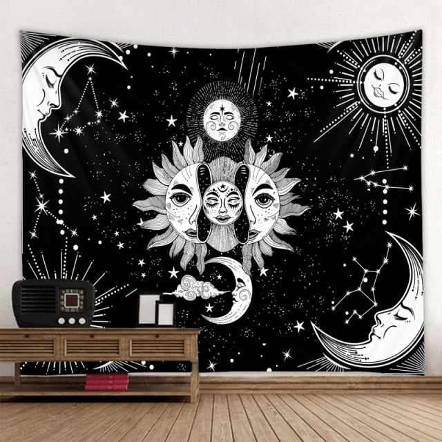 Large Tapestry White Black Sun Moon Mandala Tarot Tapestries Wall Hanging Celestial Hippie Wall Carpet Rugs Dorm Decor