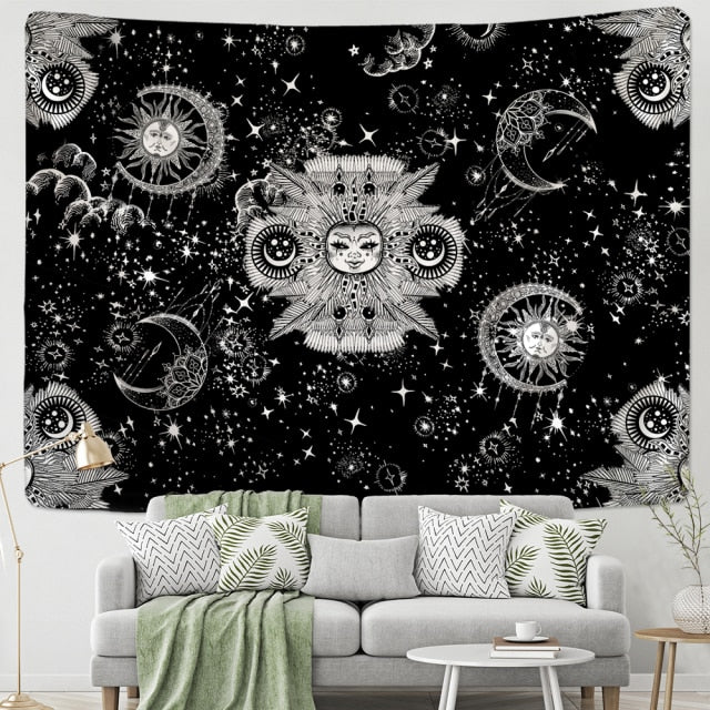 Large Tapestry White Black Sun Moon Mandala Tarot Tapestries Wall Hanging Celestial Hippie Wall Carpet Rugs Dorm Decor