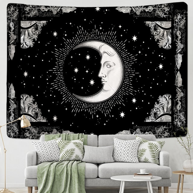 Large Tapestry White Black Sun Moon Mandala Tarot Tapestries Wall Hanging Celestial Hippie Wall Carpet Rugs Dorm Decor