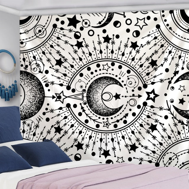 Large Tapestry White Black Sun Moon Mandala Tarot Tapestries Wall Hanging Celestial Hippie Wall Carpet Rugs Dorm Decor