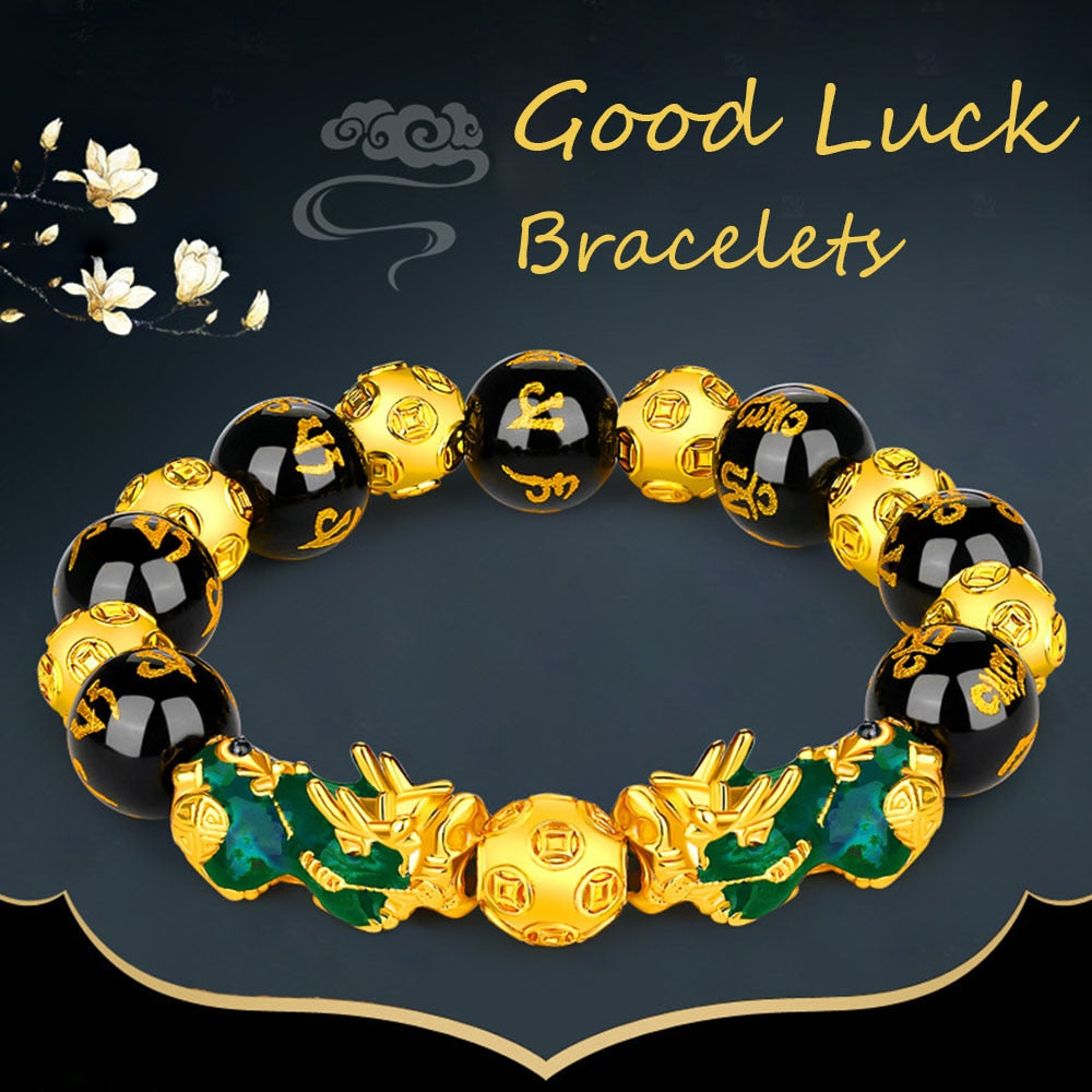 Stone Beads Bracelet Men Women Unisex Chinese Feng Shui Pi Xiu Obsidian Wristband Gold Wealth & Good Luck Women Bracelets