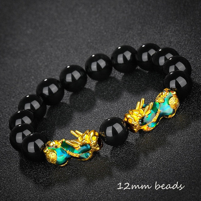 Stone Beads Bracelet Men Women Unisex Chinese Feng Shui Pi Xiu Obsidian Wristband Gold Wealth & Good Luck Women Bracelets