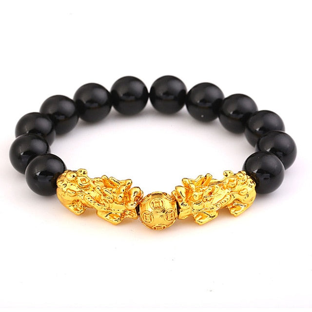 Stone Beads Bracelet Men Women Unisex Chinese Feng Shui Pi Xiu Obsidian Wristband Gold Wealth & Good Luck Women Bracelets