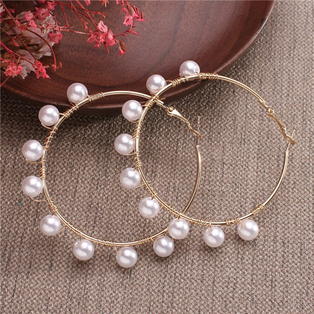 Simple Plain Gold Color Metal Pearl Hoop Earrings Fashion Big Circle Hoops Statement Earrings for Women Party Jewelry